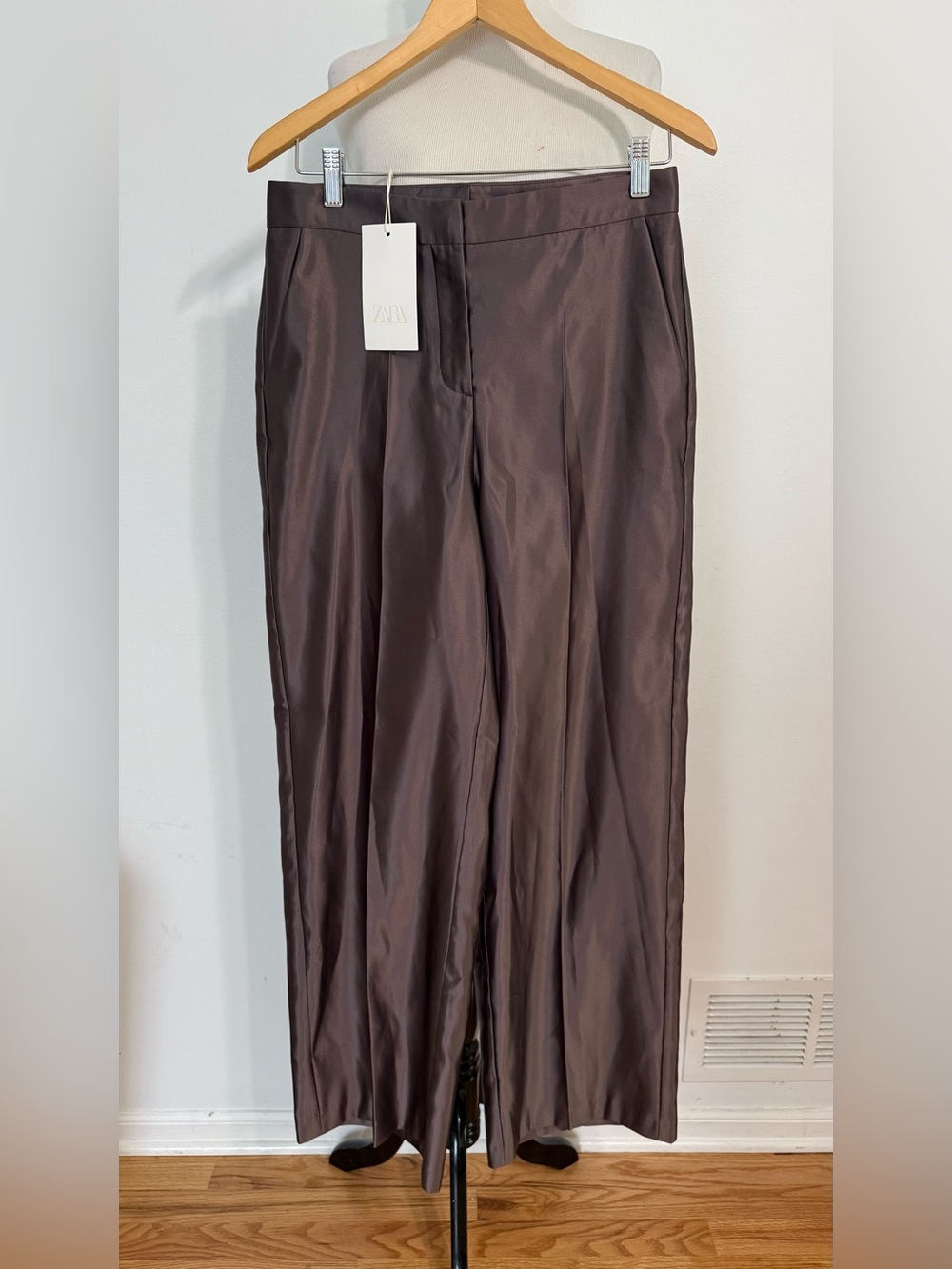 NWT Zara Satin High Waisted Wide Leg Pants Brown Size Small - Picture 2 of 7